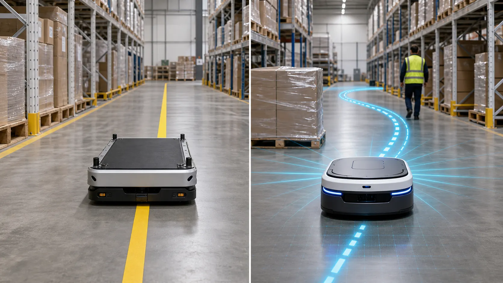Split warehouse scene comparing a guided vehicle following yellow floor tape with an autonomous mobile robot using a sensor-guided route around a pallet.